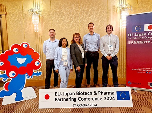 Mission Bio Japan 2024 : Abolis Biotechnologies et Ispiron, accompagnées par Laurence Lacroix-Orio, directrice du Pôle Croissance et Prospection de Genopole, Paul Caroën, Program Manager et Alexis Biton, coordinateur des affaires internationales